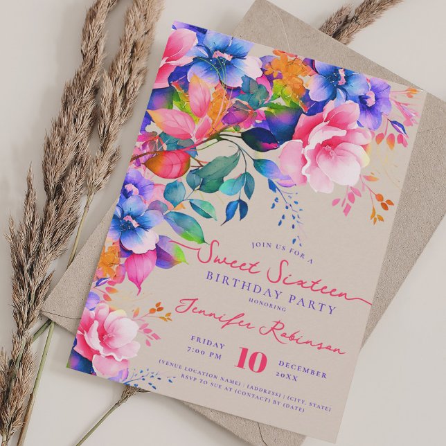 Invitación Jardín romántico dulce floral 16 cumpleaños Champa (Romantic Garden Floral Sweet 16 Birthday Champagne Invitation)