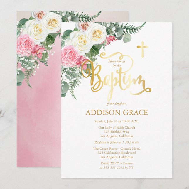 Invitación Jardín Rosa elegante - Bautismo Chica - Faux Gold (Anverso / Reverso)