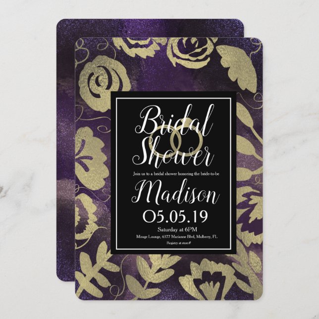 Invitación Jardín Rosa Faux Gold Splash Bridal Shower (Anverso / Reverso)