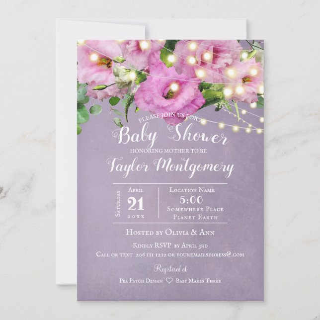 Invitación Jardín Rosa salvaje | Lilac Baby Shower (Anverso)