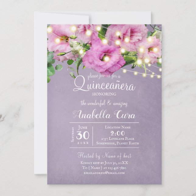 Invitación Jardín Rosa salvaje | Lilac Quinceañera (Anverso)
