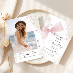 Invitación Jardín Silvestre Elegante Lazo Rosa Foto Graduació