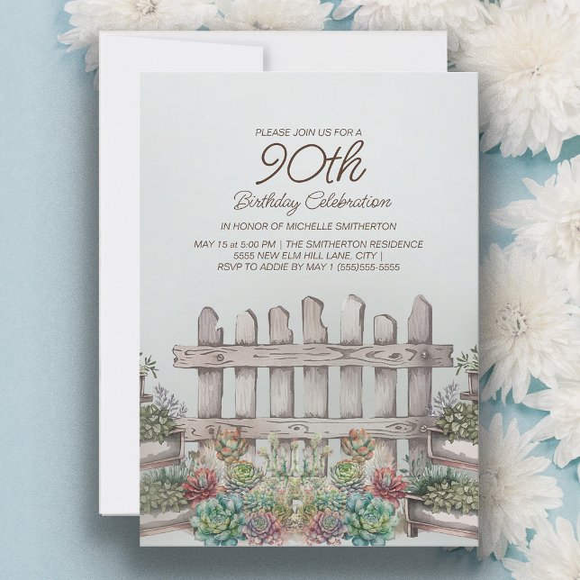 Invitación Jardín Suculentas Puerta Botánica 90 Cumpleaños (Garden and succulents 90th birthday party invitation for women)