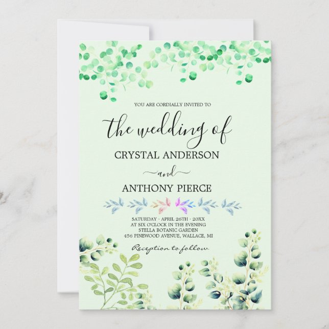 Invitación Jardín temático de Eucalyptus Romántico (Anverso)