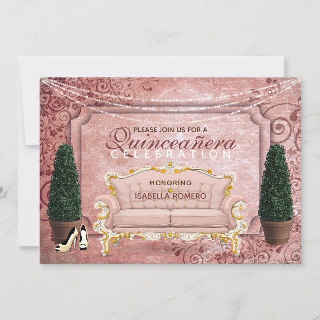 Invitación Jardín Topiario Oro Rosa Rosa Quinceañera (Anverso)