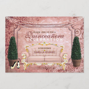 Invitación Jardín Topiario Oro Rosa Rosa Quinceañera