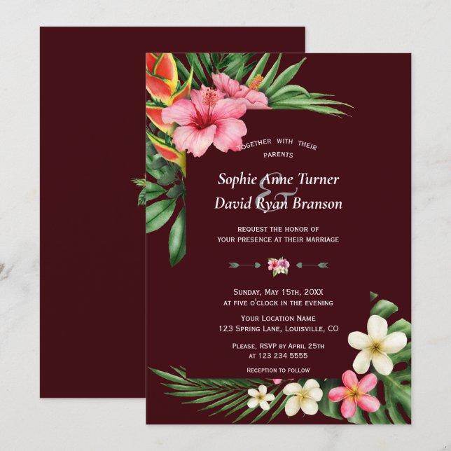 Invitación Jardín Tropical Exuberante Flores Burgundy Profund (Anverso / Reverso)