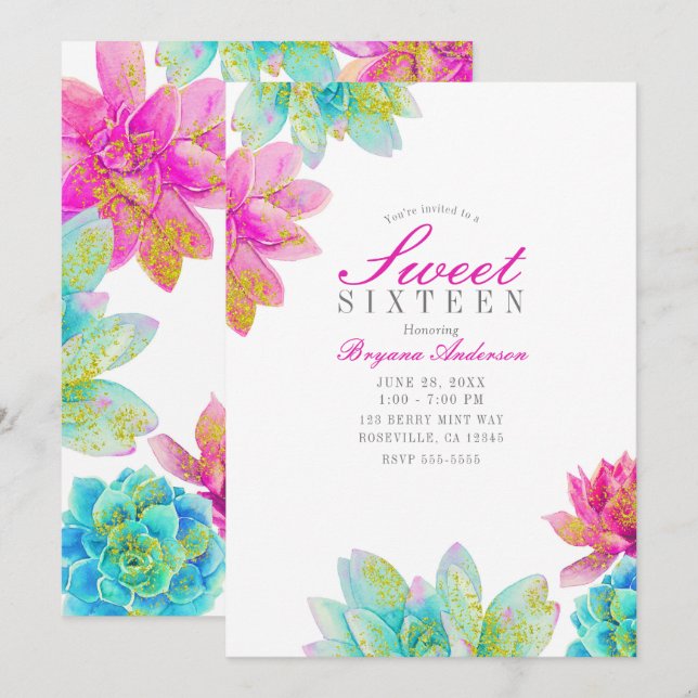 Invitación Jardín Verde azulado rosa brillante Suculentos Dul (Anverso / Reverso)