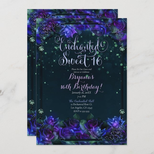 Invitación Jardín verde púrpura encantado Dulce brillante 16 (Anverso / Reverso)