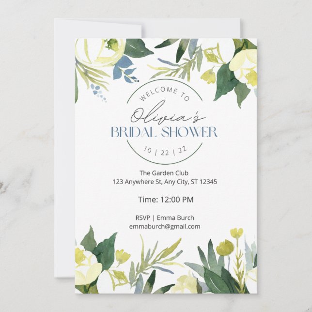 Invitación Jardín verde y blanco florece ducha de novias (Anverso)
