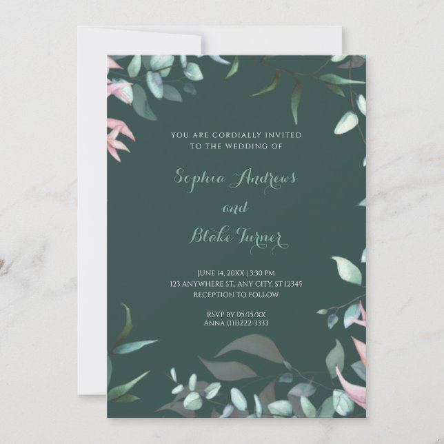 Invitación Jardín verde y rosa moderno deja al Boda (Anverso)