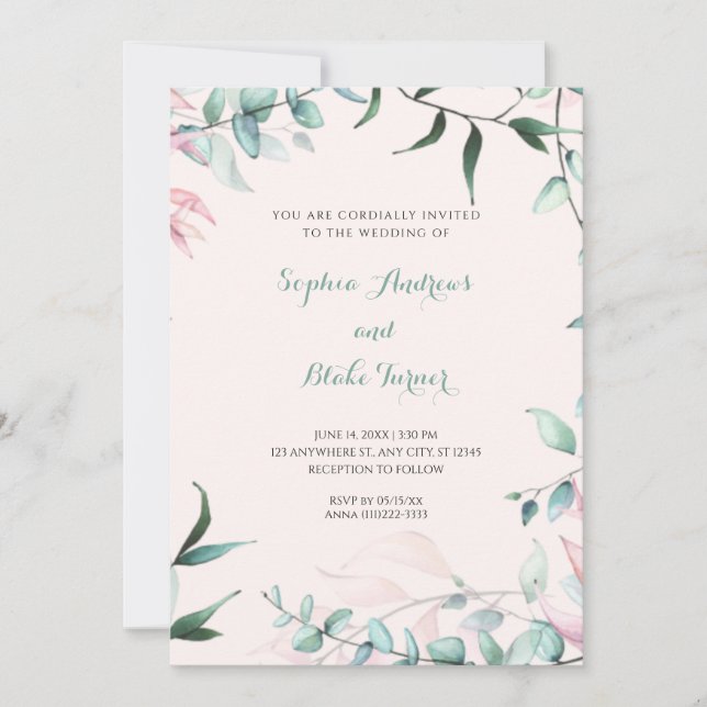 Invitación Jardín verde y rosa moderno deja al Boda (Anverso)