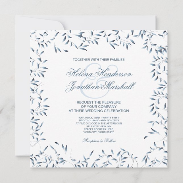 Invitación Jardín Willow Elegante Floral Azul y Blanca (Reverso)