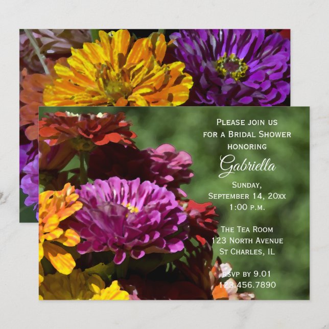 Invitación Jardín Zinnia Flowers Bridal Shower (Anverso / Reverso)