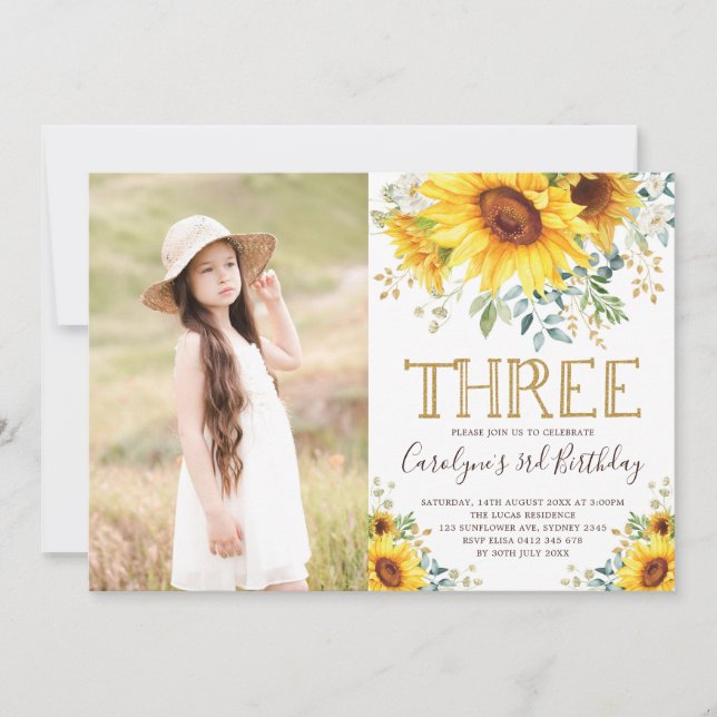 Invitación Jardines Sunflowers Greenery Foto de cumpleaños 3e (Anverso)
