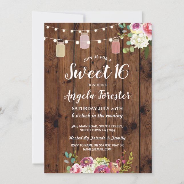 Invitación Jares Rústicos Dulce 16 Fiestas Luces Florales de  (Anverso)