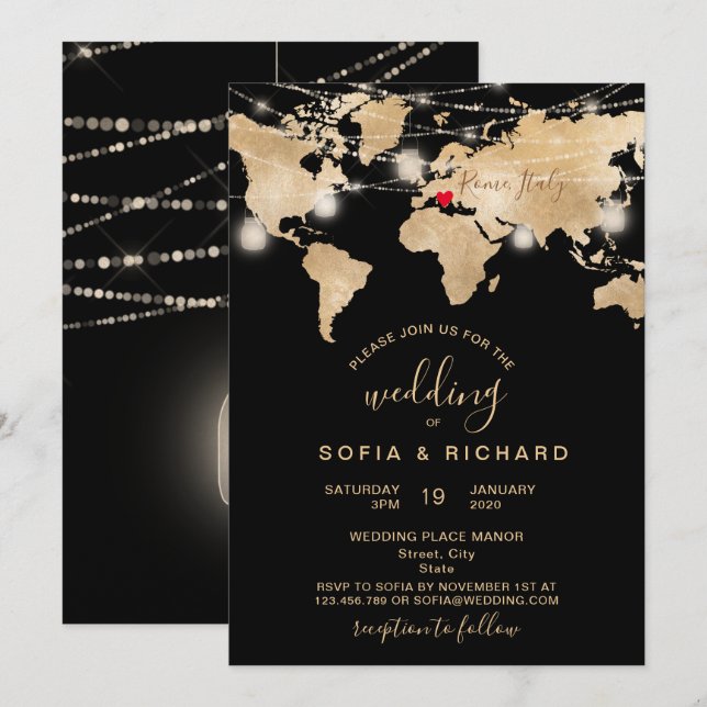 Invitación Jarra de luz con mapa del mundo de destino de boda (Anverso / Reverso)