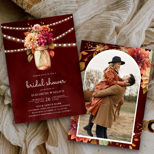 Invitación Jarra de Mason con Foto de Regadera de Boda Otoño  (Subido por el creador)