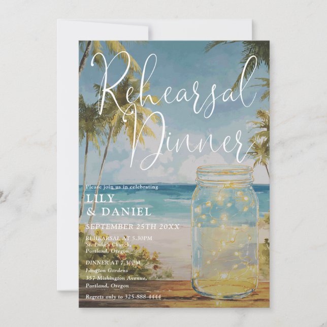 Invitación Jarra de mason con palmera de playa para cena de e (Anverso)