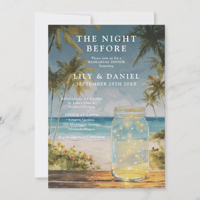 Invitación Jarra de mason de playa con palmeras para cena de  (Anverso)