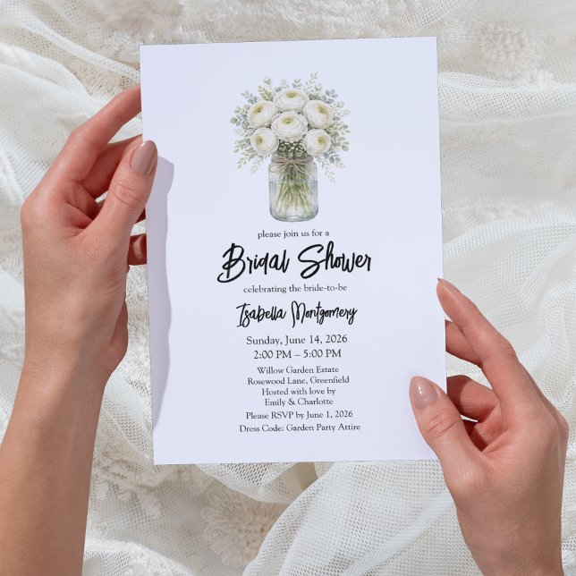 Invitación Jarra de Mason de Ranunculus de Paleta Blanca para (White Palette Ranunculus Mason Jar Bridal Shower Invitations
)