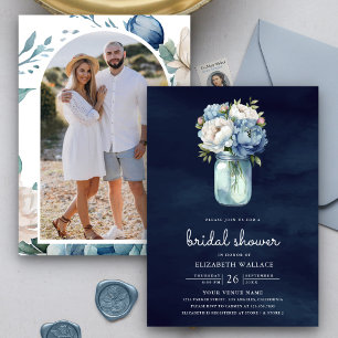 Invitación Jarra de Mason Floral Azul Polvoriento Regadera Nu