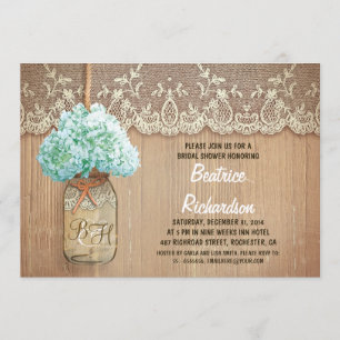 Invitación jarra rústica de albañil turquesa hidrangea ducha