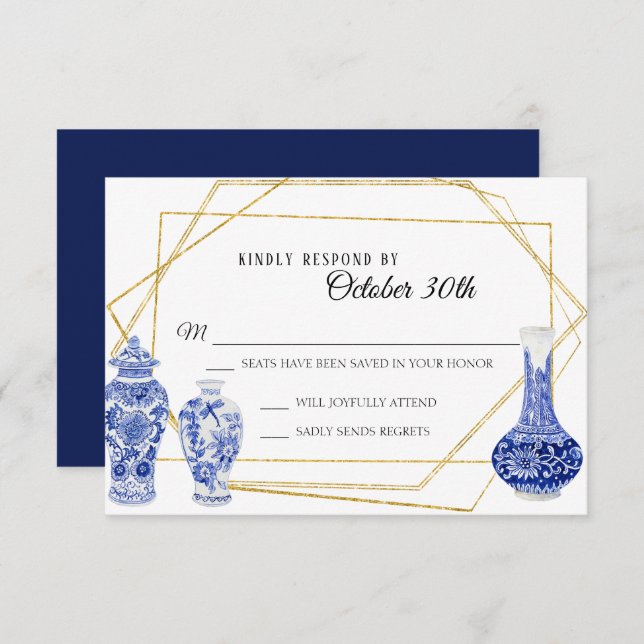 Invitación Jarrón antiguo moderno de ginger azul marino dorad (Anverso / Reverso)
