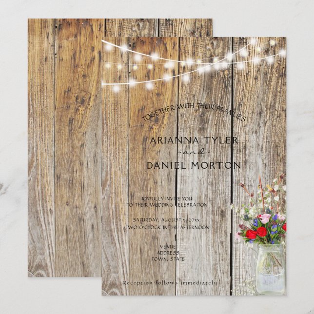 Invitación Jarrón de flores rústicas con luces de cuerda (Anverso / Reverso)