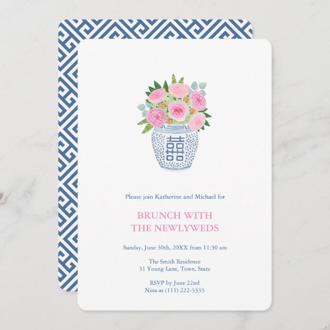 Invitación Jarrón de jengibre de rosas rosadas Preppy Navy De (Anverso / Reverso)
