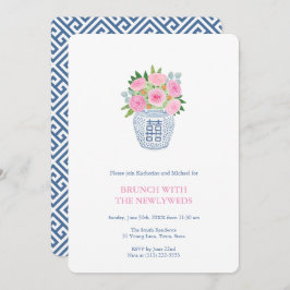 Invitación Jarrón de jengibre de rosas rosadas Preppy Navy De