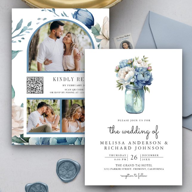Invitación Jarrón de Mason de Código QR de Bodas de Peonía Az (Subido por el creador)