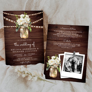 Invitación Jarrón de Mason de Magnolia Blanca de Madera Todo 