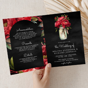Invitación Jarrón de mason de peonía roja Código QR Carbón Bo