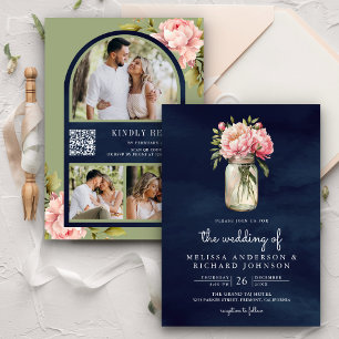 Invitación Jarrón de Mason de Peonía Rosa Suave Código QR Bod