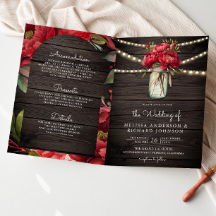 Invitación Jarrón de mason floral de peonía roja código QR bo