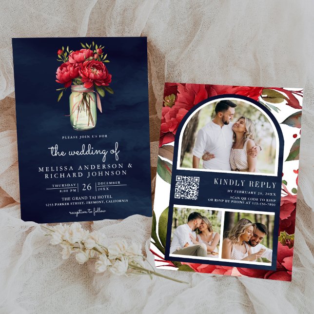 Invitación Jarrón de Mason Floral Peonía Roja Código QR Boda  (Subido por el creador)