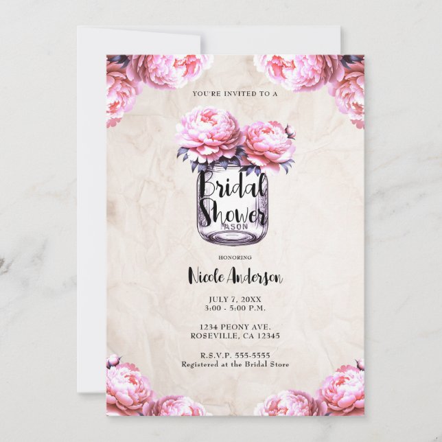 Invitación Jarrón de peonía rosa para boda rústica (Anverso)