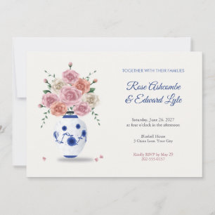 Invitación Jarrón de porcelana azul y blanco y rosas boda