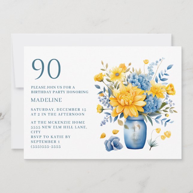 Invitación Jarrón Flores Amarillas Azules Cumpleaños 90 (Anverso)