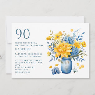 Invitación Jarrón Flores Amarillas Azules Cumpleaños 90