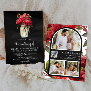 Invitación Jarrón Mason Floral Peonía Roja Código QR Boda Neg