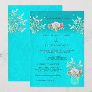 Invitación Jarrón Mason Floral Turquesa Boda Rosa Blanca Rosa