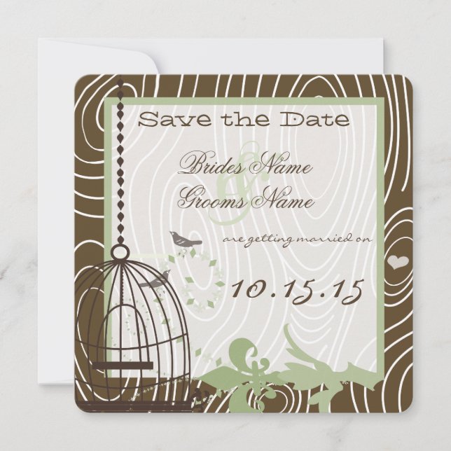 Invitación Jaula de Pájaro con Grano de Madera Verde Margarit (Anverso)