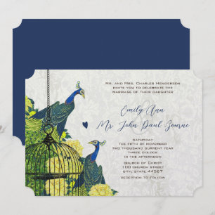 Invitación Jaula de Pájaro Pavo Real Azul Amarillo