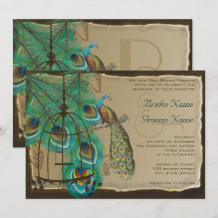Invitación Jaula de pájaro pavo real musical pluma pergamino
