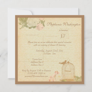 Invitación Jaula de Pájaro Vintage y Rosas Cumpleaños 17