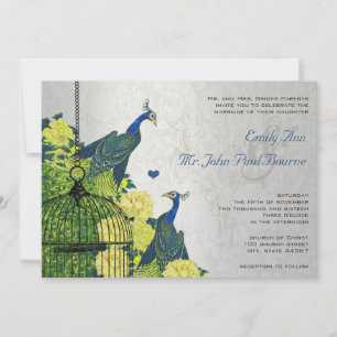 Invitación Jaula de Pájaros Pavoreal Amarillo Vint