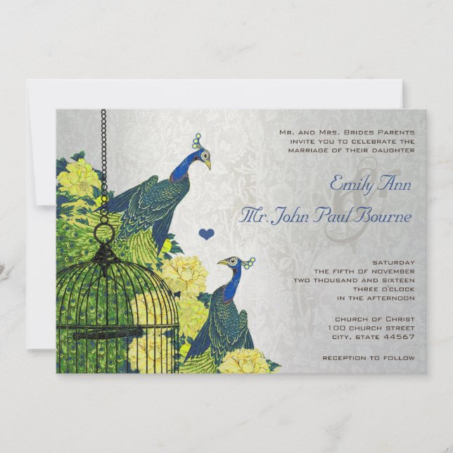 Invitación Jaula de Pájaros Pavoreal Amarillo Vint (Anverso)