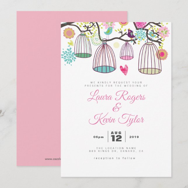 Invitación Jaulas de aves amorosas colgadas y flores retro (Anverso / Reverso)